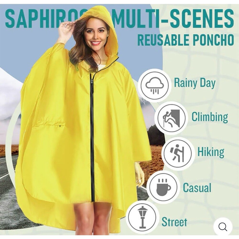 Sapiro Multi-Scenes Reusable Rain Poncho Size L Yellow Hooded Zip